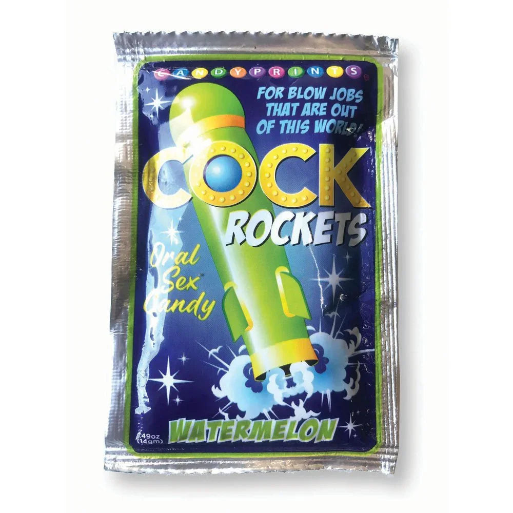 Candyprints Cock Rockets oral sex candy in watermelon, packaged, novelty edible.
