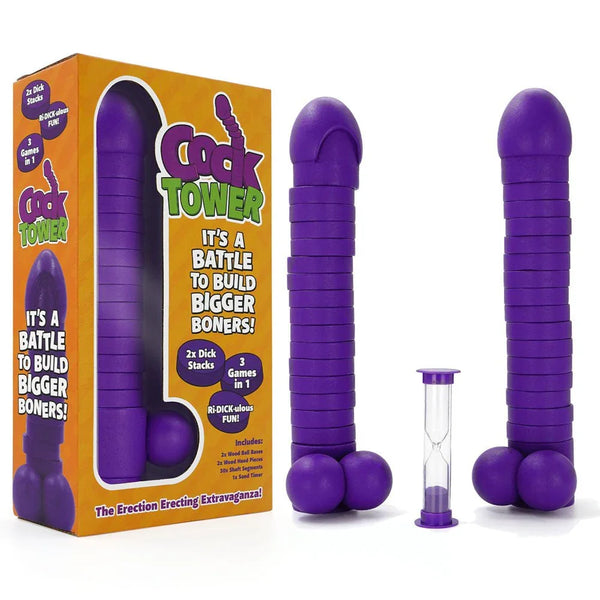 Cock Tower party block game, two purple stacks and sand timer beside the orange box