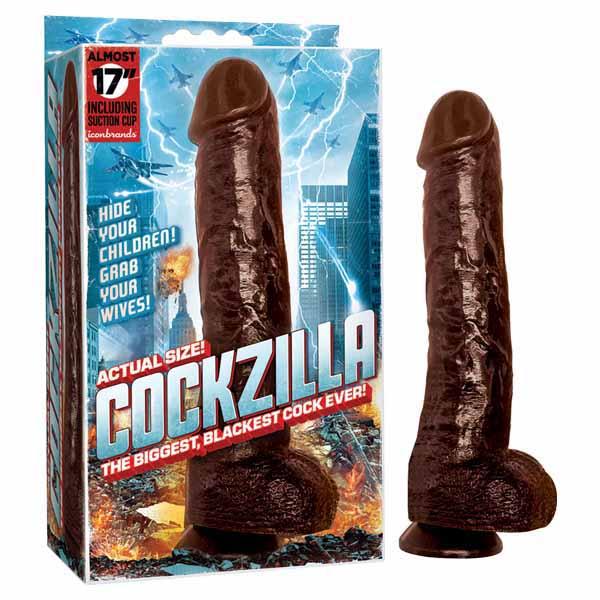 Cockzilla dildo in dark brown, TPE material, suction cup base, ribbed texture.