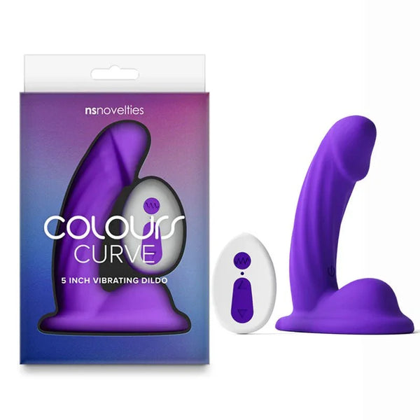 Colours Curve 5 inch vibrating dildo in Purple with its remote, beside the retail box