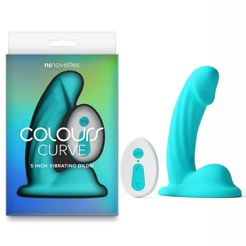 Colours Curve 5 inch vibrating dildo in Teal with its remote, beside the retail box