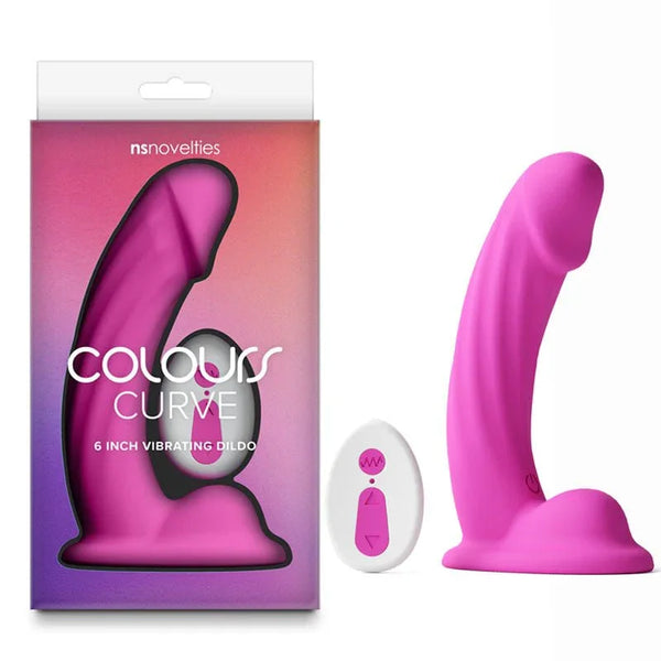 Colours Curve 6 inch vibrating dildo in Pink with its remote, beside the retail box