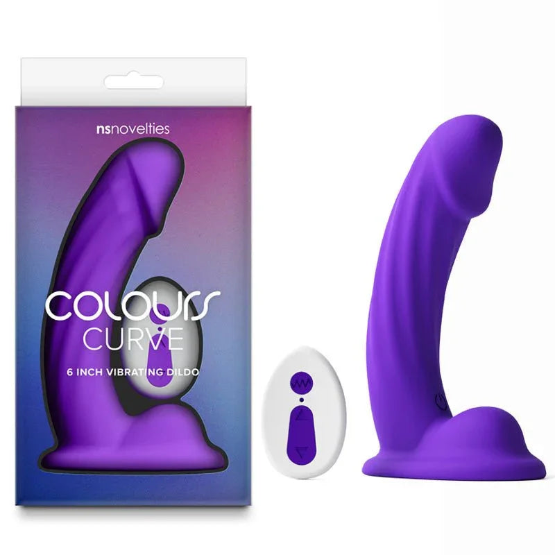 Colours Curve 6 inch vibrating dildo in Purple with its remote, beside the retail box