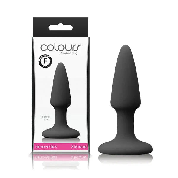 Colours Pleasures mini butt plug in Black, tapered plug beside its black and white box