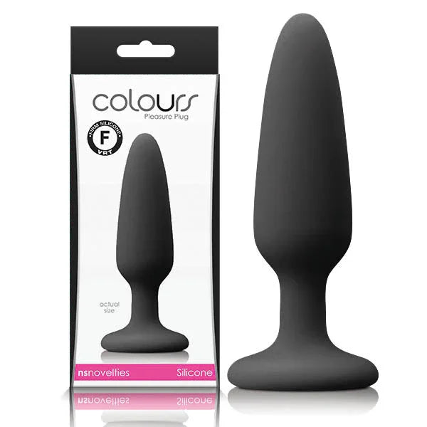 Colours Pleasures small butt plug in Black, tapered plug beside its Colours box