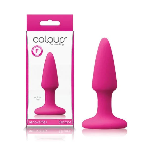 Colours Pleasures mini butt plug in Pink, tapered plug beside its pink retail box
