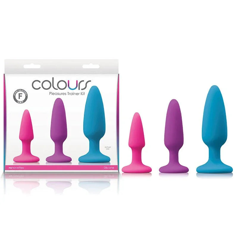 Colours Pleasures Trainer Kit, pink, purple and blue plugs beside the Colours box