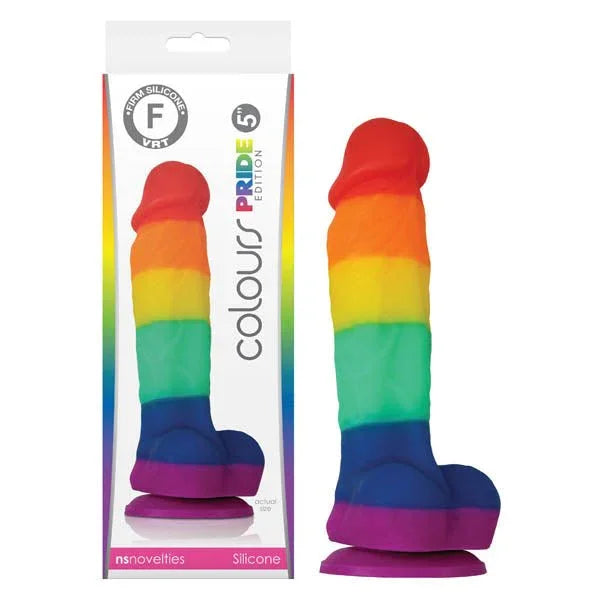 Colours Pride Edition 12.7 cm dong in rainbow stripes, beside its retail box