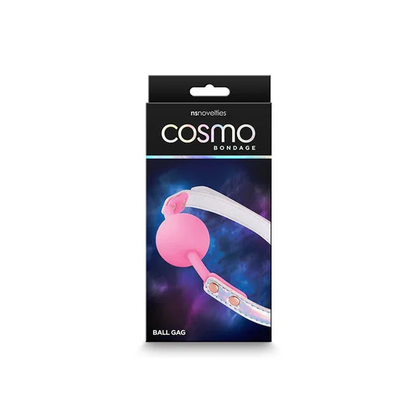 Cosmo Bondage ball gag retail box, showing the iridescent strap and pink ball on a space print