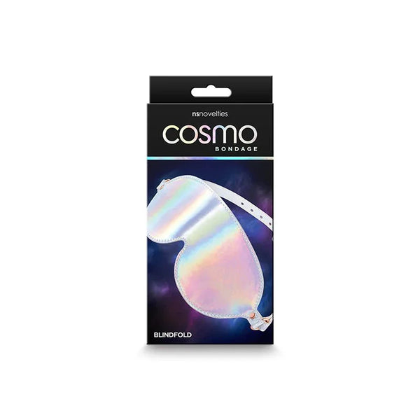 Cosmo Bondage blindfold retail box, iridescent blindfold pictured on a purple space print