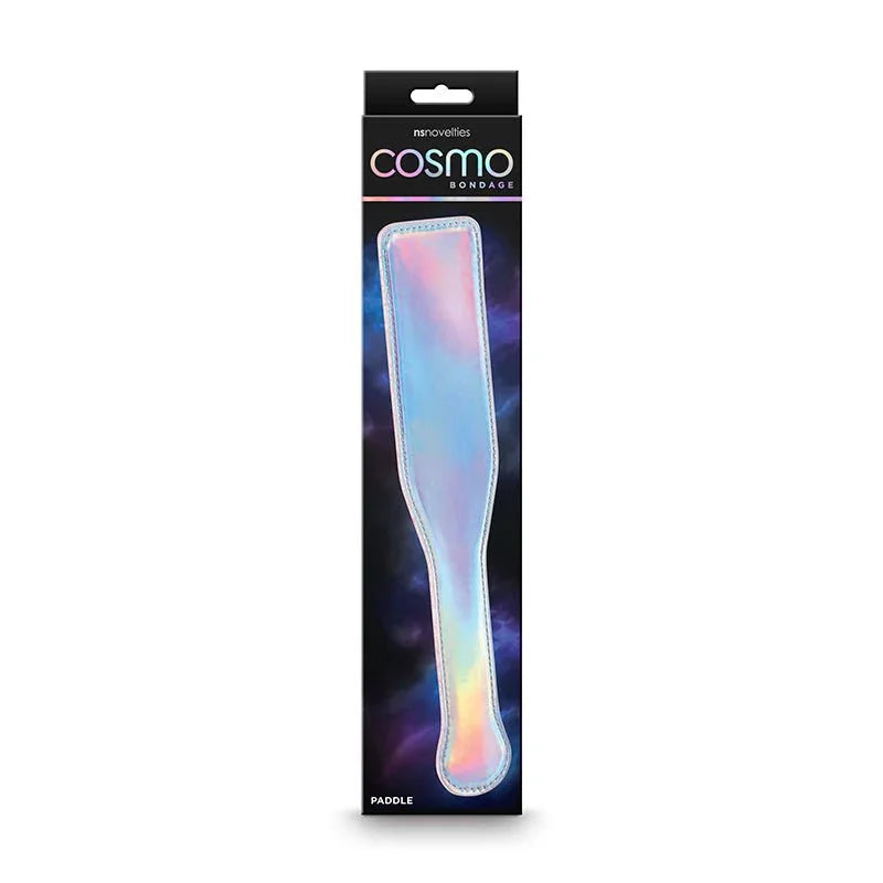 Cosmo Bondage paddle retail box, tall iridescent paddle pictured on a space print