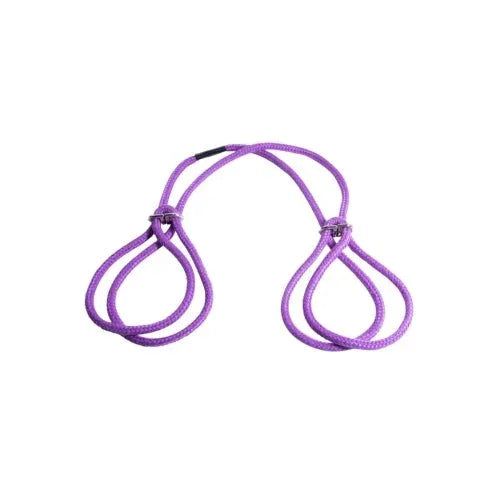 Cotton bondage cuffs in Purple, two knotted rope loops on white