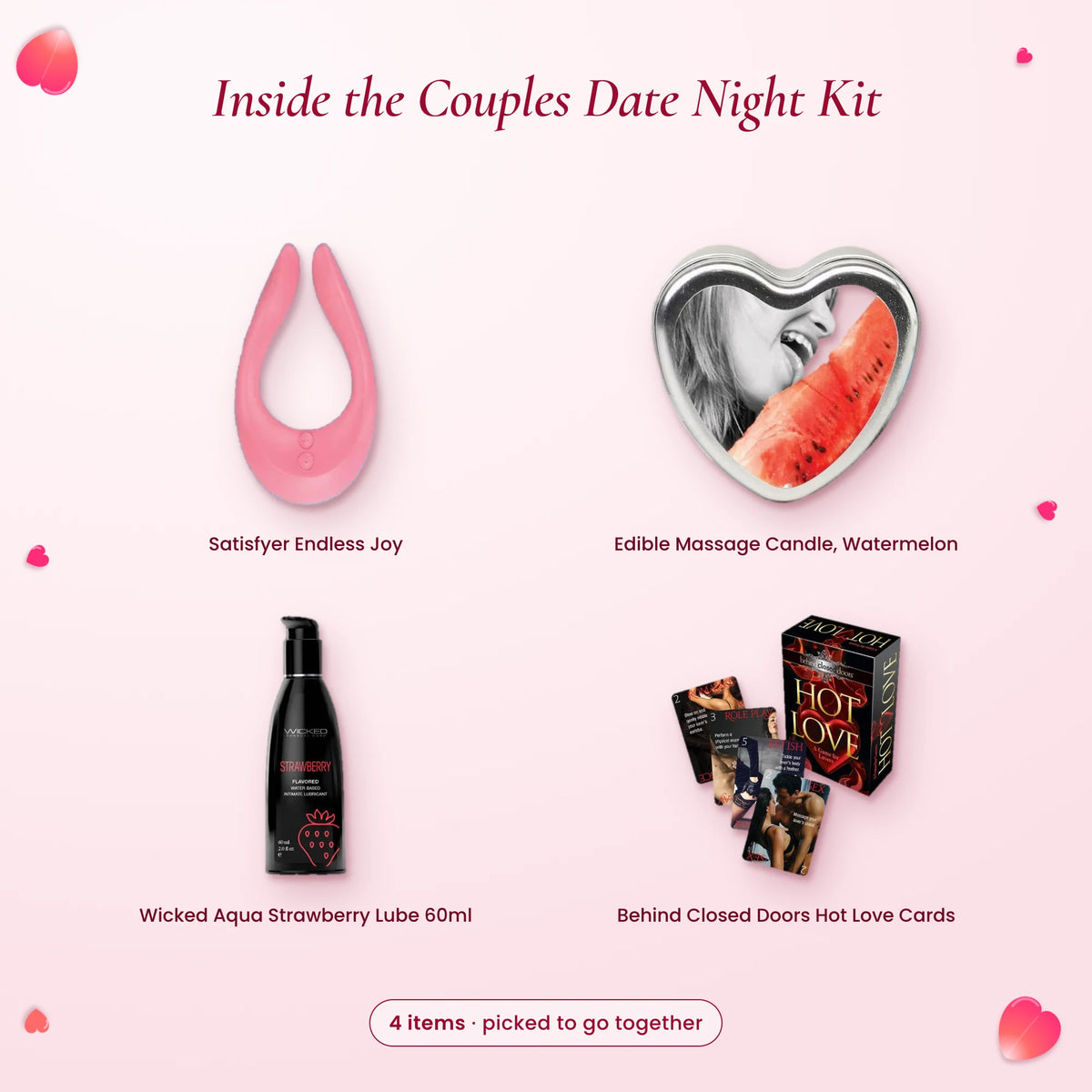Inside the Couples Date Night Kit: Satisfyer Endless Joy, watermelon massage candle, Wicked strawberry lube, Hot Love cards
