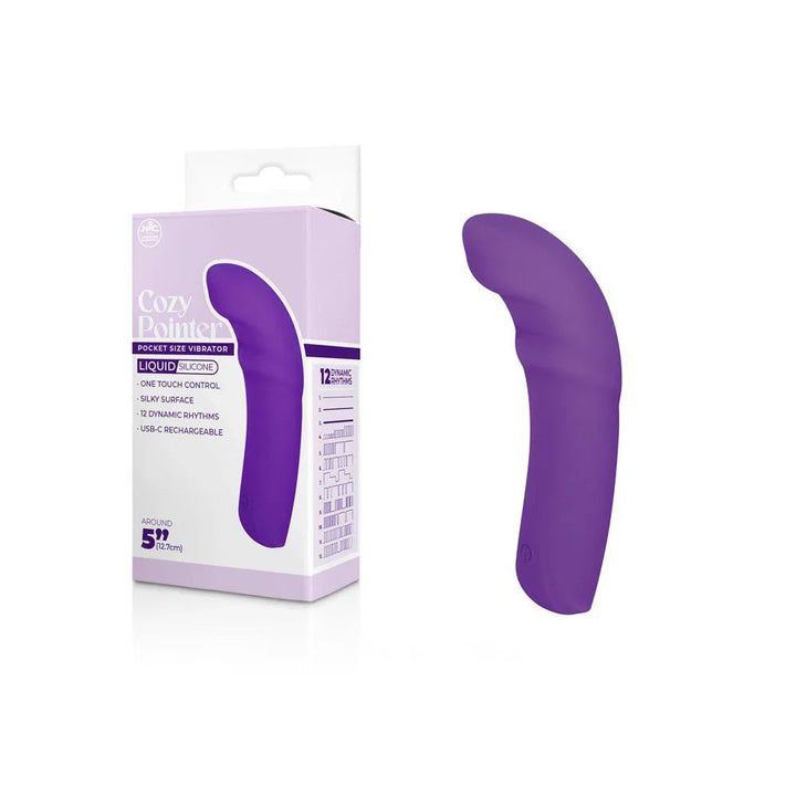 Cozy Pointer curved mini vibrator in Purple, beside its lilac retail box
