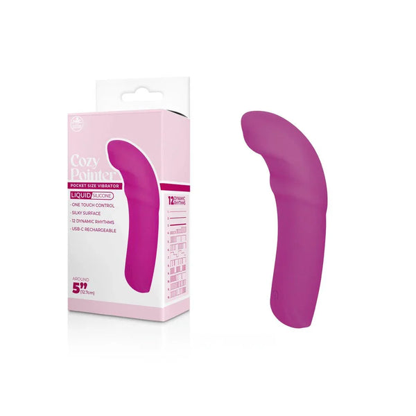 Cozy Pointer curved mini vibrator in Pink, magenta body beside its pale pink box