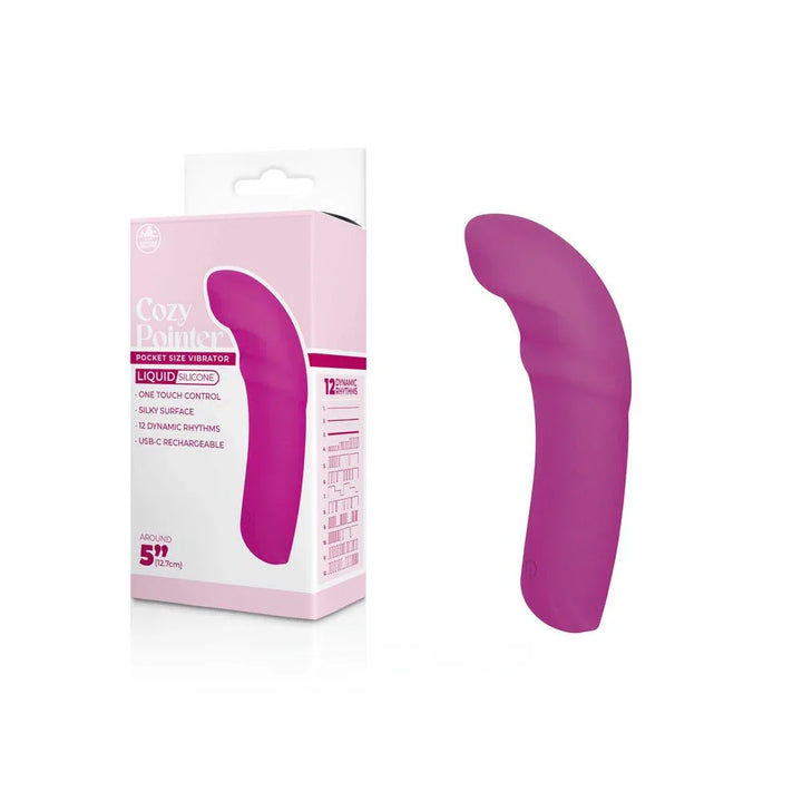 Cozy Pointer curved mini vibrator in Pink, magenta body beside its pale pink box