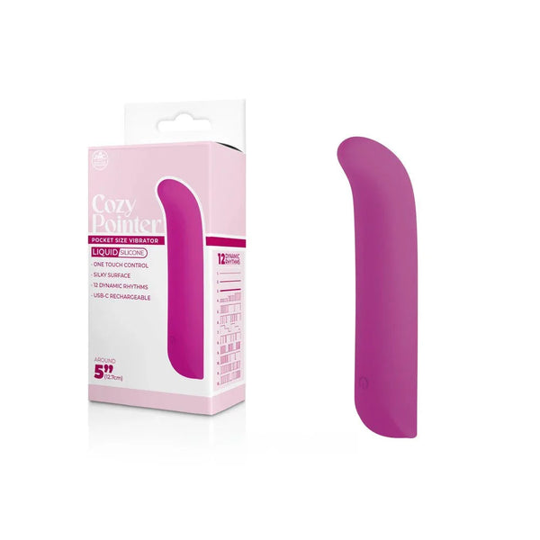 Cozy Pointer mini vibrator in Pink, magenta curved body beside its retail box