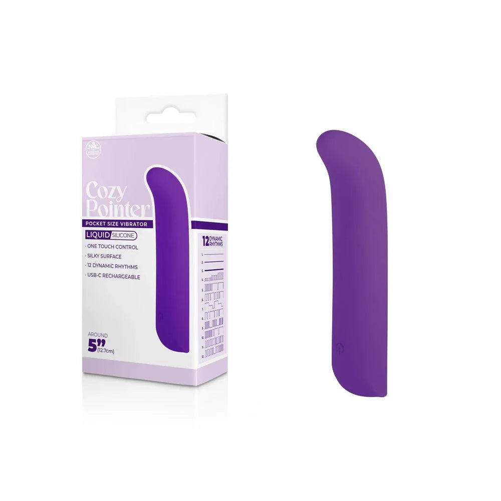 Cozy Pointer mini vibrator in Purple, curved tip beside its lilac retail box