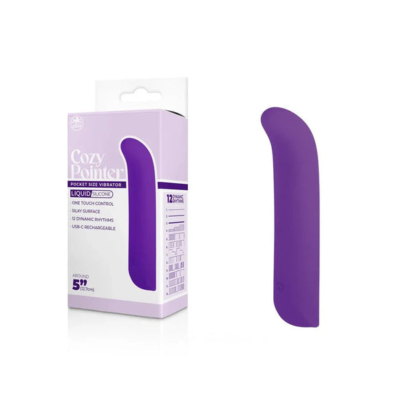 Cozy Pointer mini vibrator in Purple, curved tip beside its lilac retail box