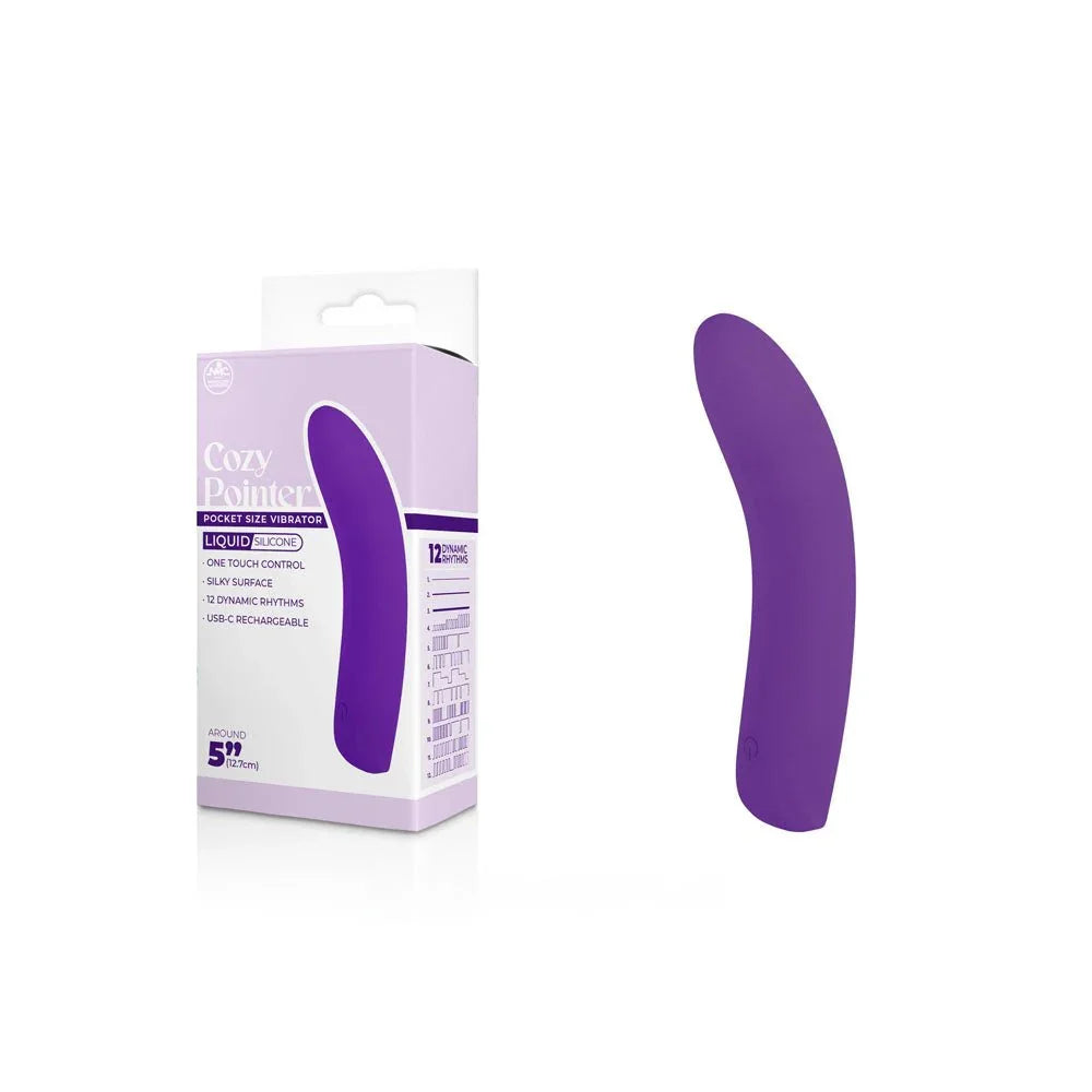 Cozy Pointer 12.7 cm mini vibrator in Purple, standing beside its lilac box