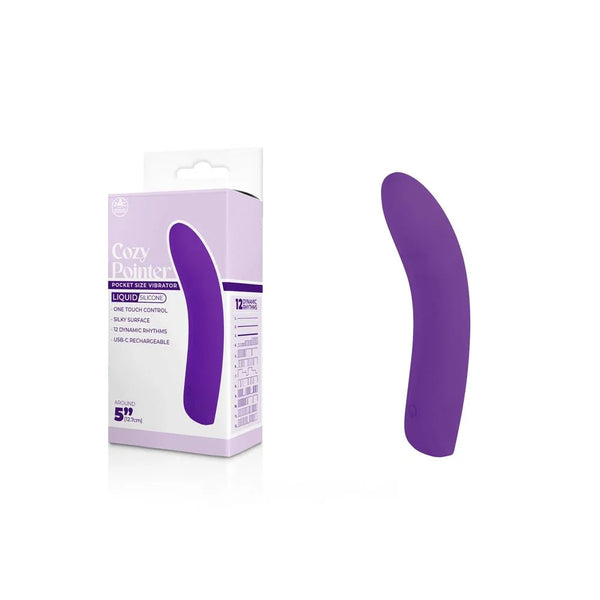 Cozy Pointer 12.7 cm mini vibrator in Purple, standing beside its lilac box