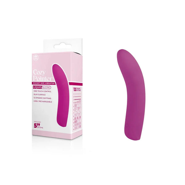 Cozy Pointer 12.7 cm mini vibrator in Pink, standing beside its pale pink box