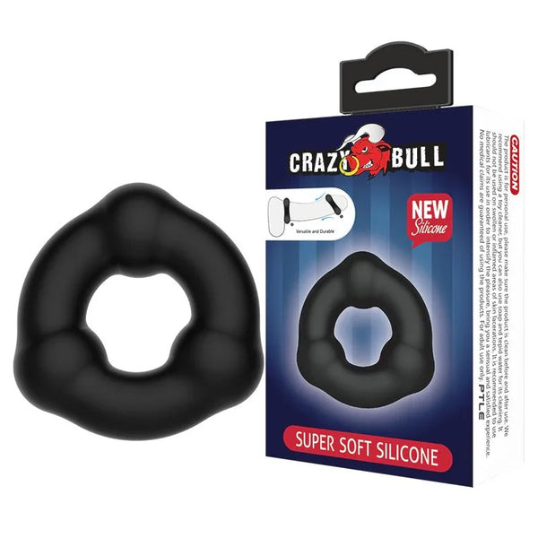 Crazy Bull beaded cock ring in Black, triangular ring beside its box