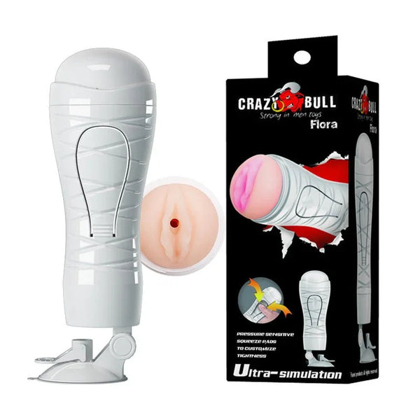 Crazy Bull Flora stroker, white suction-base case with flesh opening, box behind