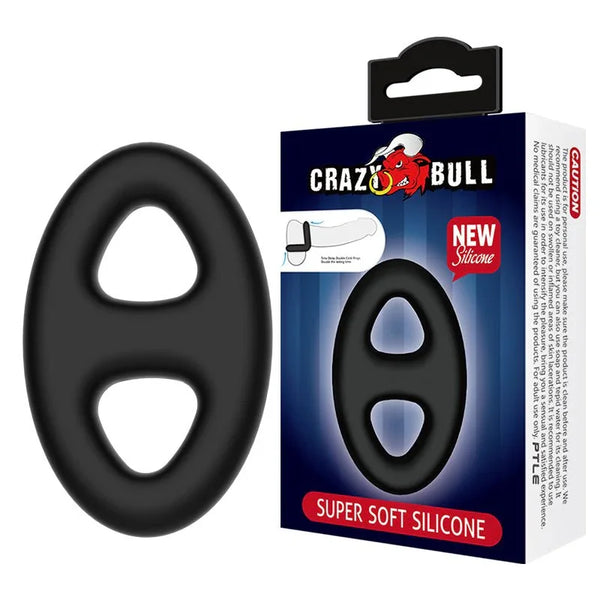 Crazy Bull oval cock and ball ring in Black beside its clear-window box