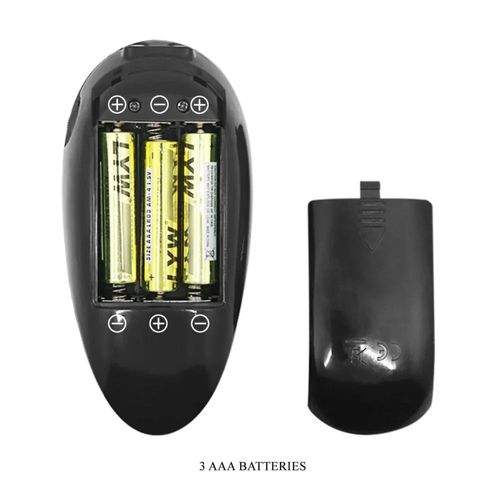 Remote opened showing three AAA batteries and battery cover