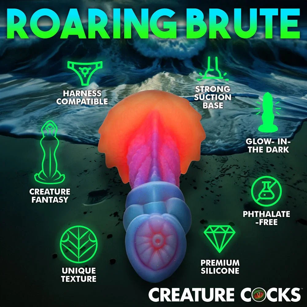 Aqua-Cock feature panel headed Roaring Brute: harness compatible, suction base, glow in the dark