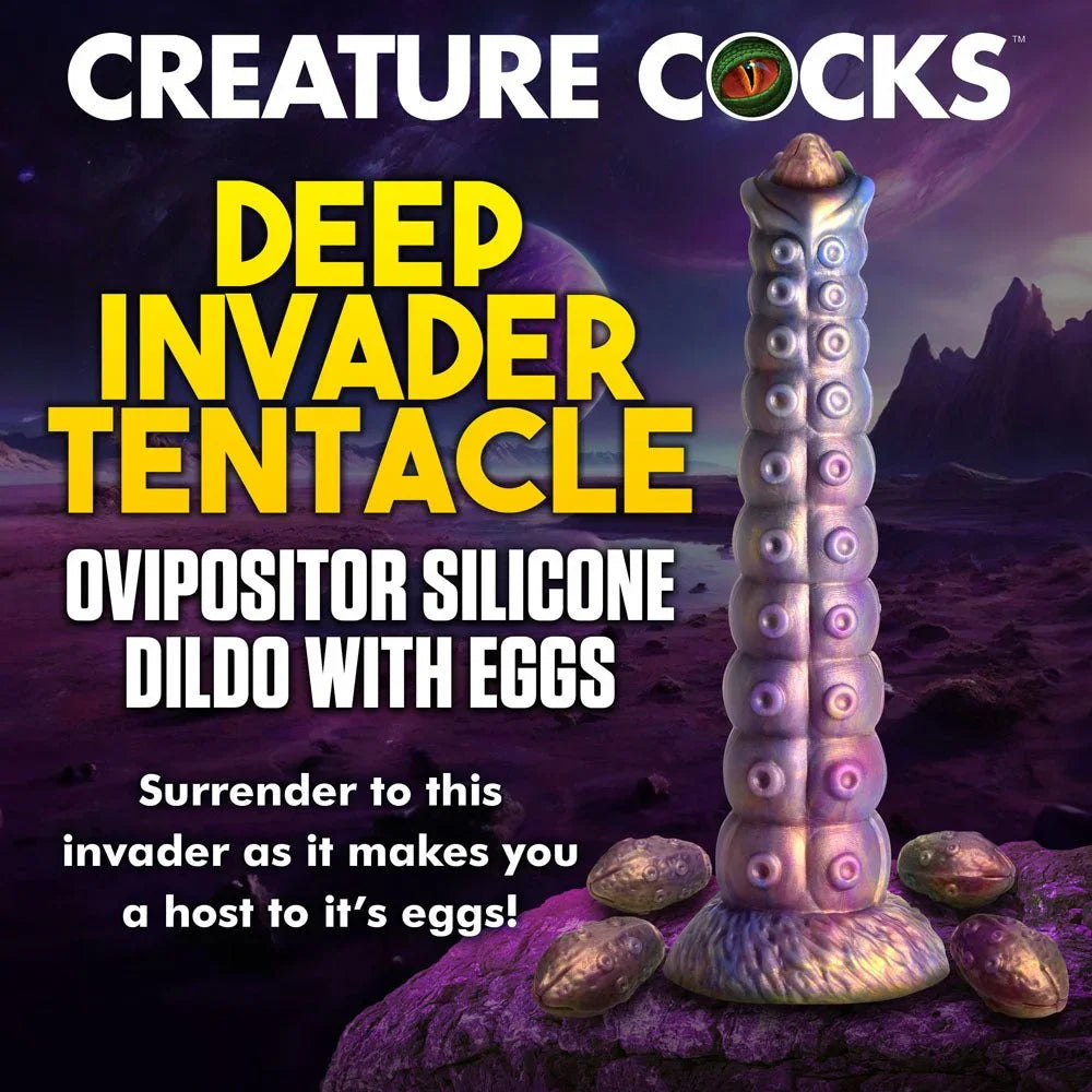 Deep Invader title panel, the tentacle ovipositor dildo on an alien landscape
