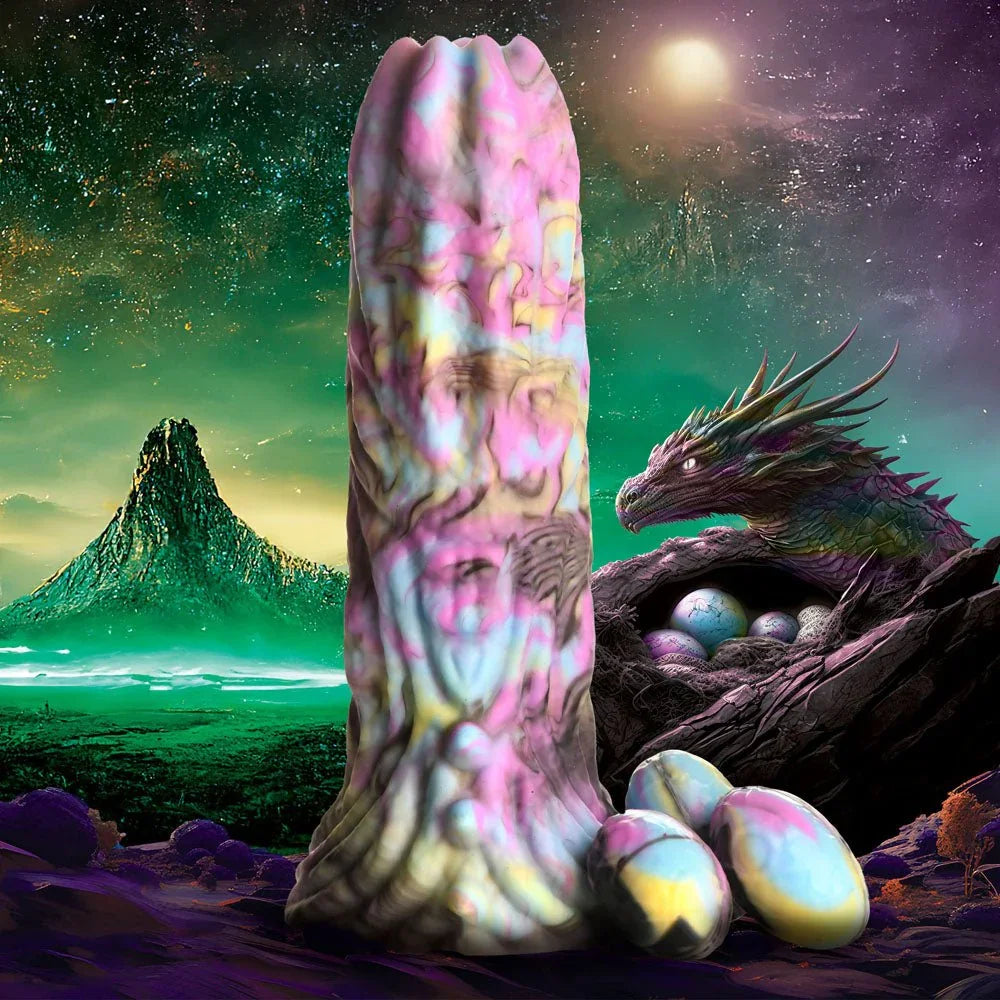 Dragon Spawn dildo upright on a green dragon-nest landscape with its eggs at the base
