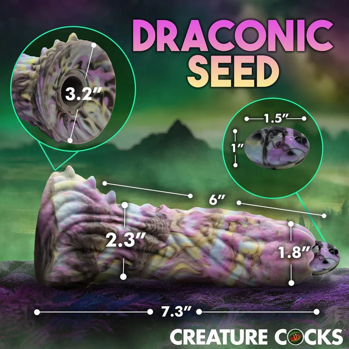 Dragon Spawn panel headed Draconic Seed, 7.3 in overall with girth and egg sizes marked