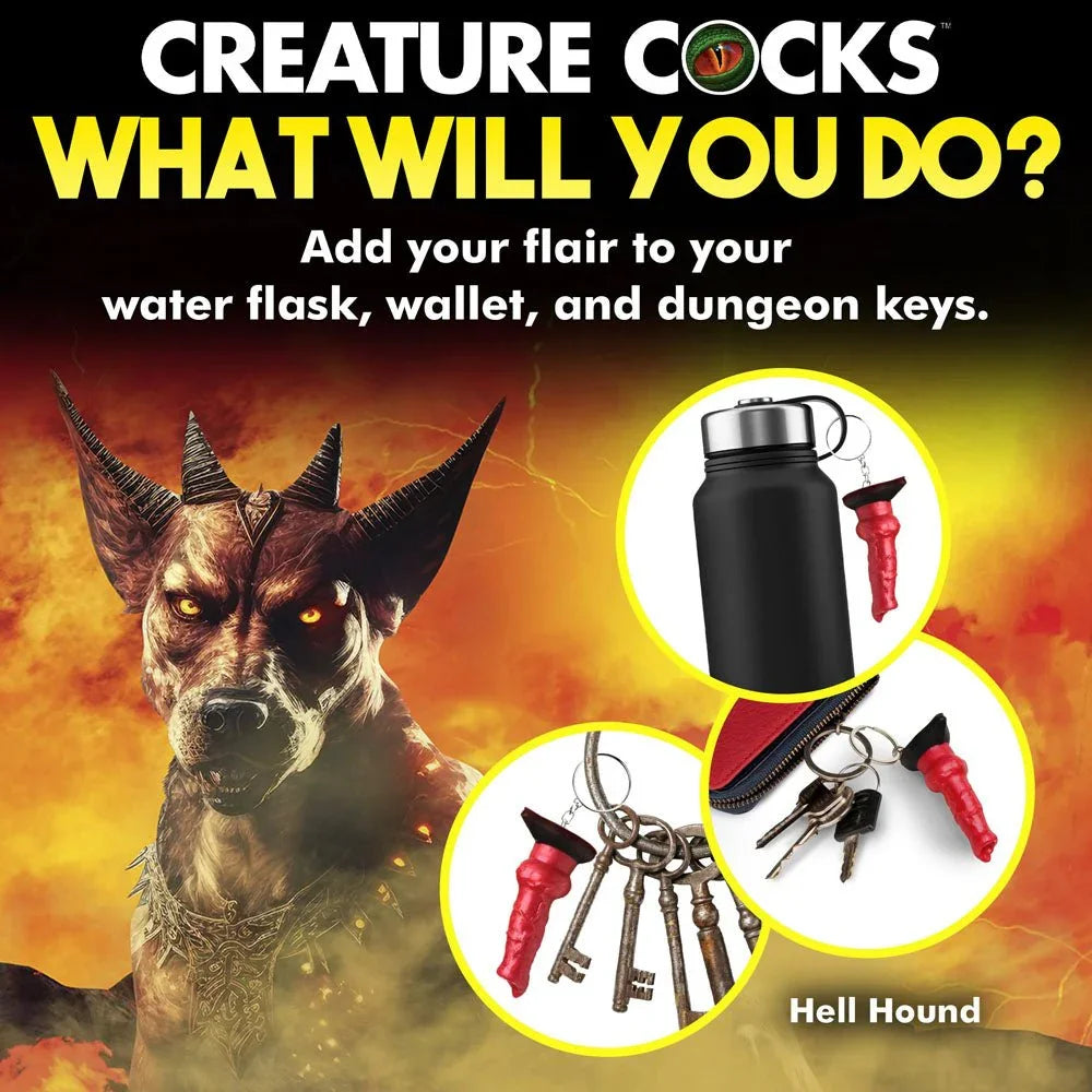 Hell Hound keychain panel showing it clipped to a water flask, a wallet and dungeon keys