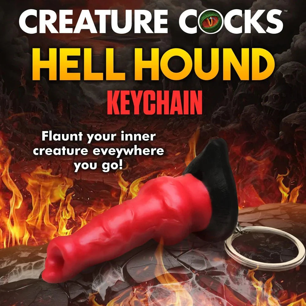 Hell Hound Keychain title panel, the red keyring lying on a fiery backdrop