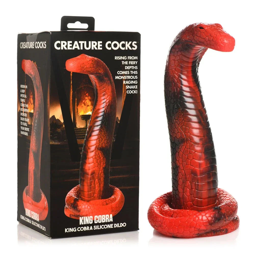 Creature Cocks King Cobra dildo in Red, cobra-head sculpt on a coiled snake base beside its box
