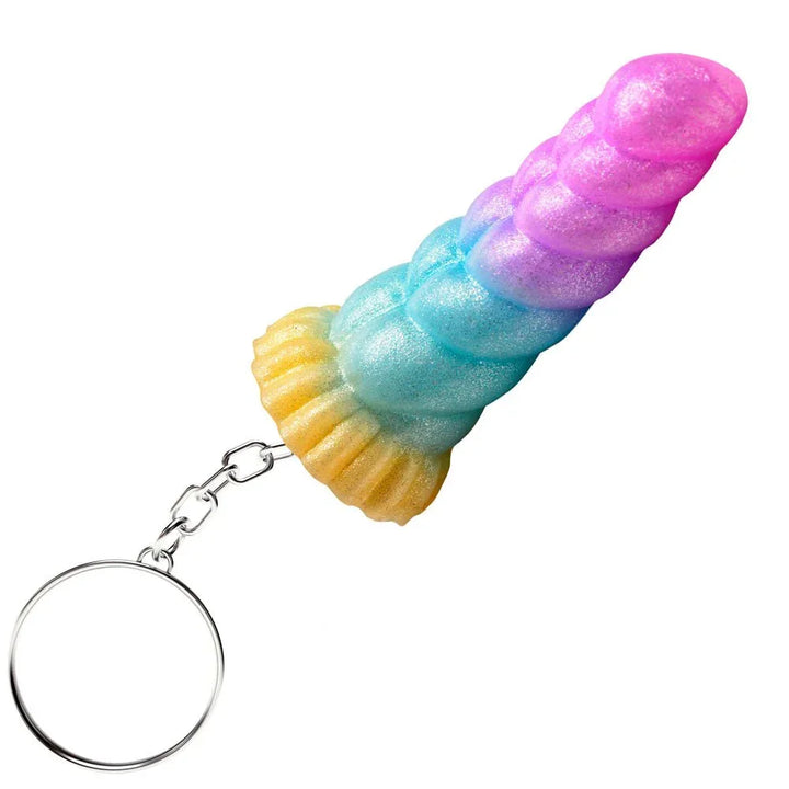 Mystique unicorn keychain alone on white, rainbow glitter horn with its split ring