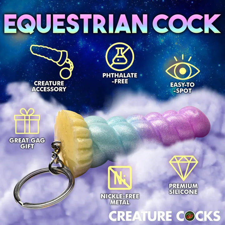 Mystique keychain feature panel headed Equestrian Cock: nickel-free ring, premium silicone