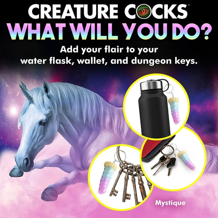 Mystique keychain panel showing it clipped to a water flask, a wallet and a set of keys
