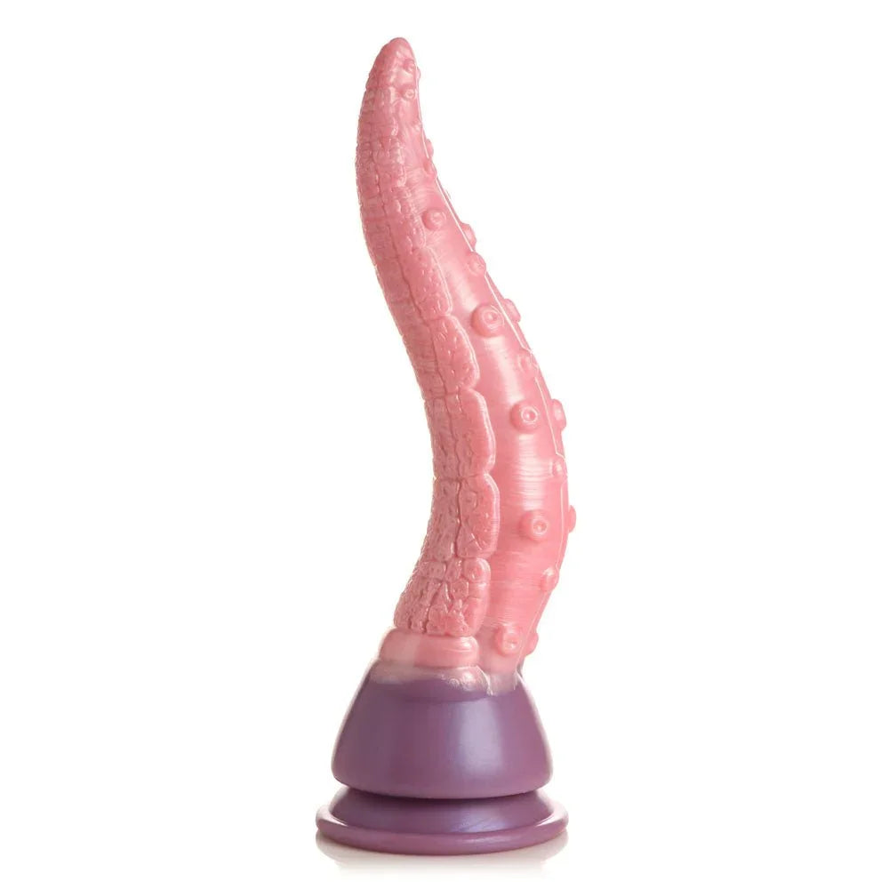 Octoprobe tentacle dildo upright on white, curved tip and rows of raised suckers