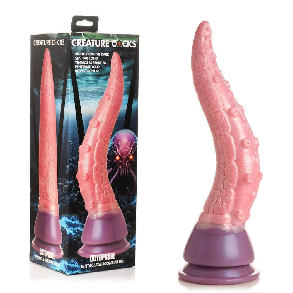Creature Cocks Octoprobe tentacle dildo in Pink beside its retail box