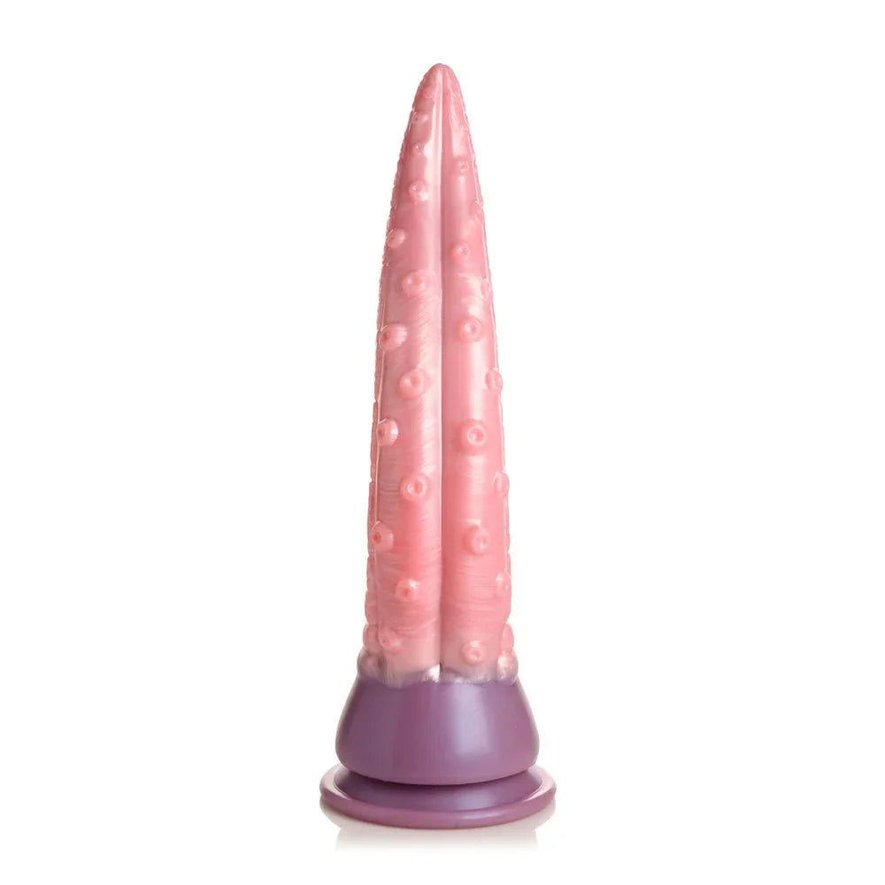 Octoprobe dildo upright and straight-on, showing the full taper from base to tip