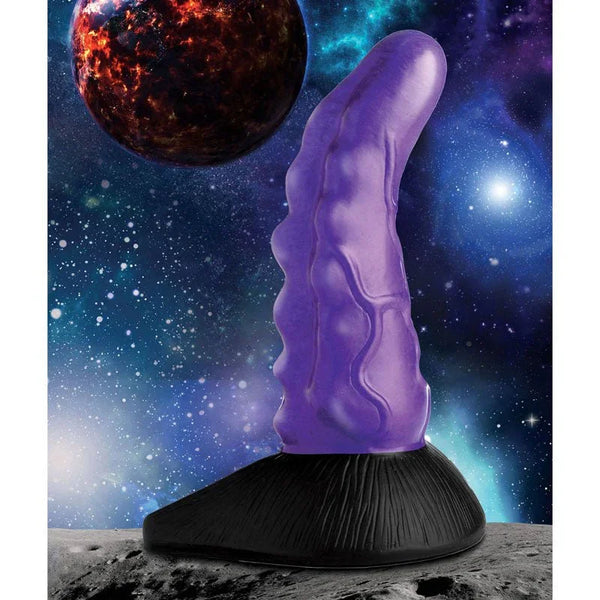 Creature Cocks Orion Invader dildo in Purple, ridged alien sculpt on a black base over space art