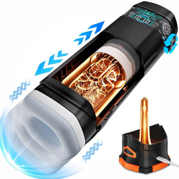 CyberSkin Titan cutaway graphic beside its heating and drying base