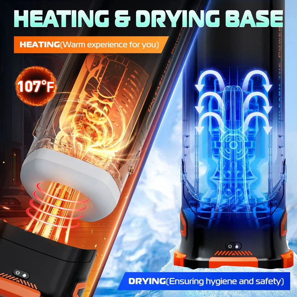 Titan heating and drying base graphic, warming to 107 degrees Fahrenheit