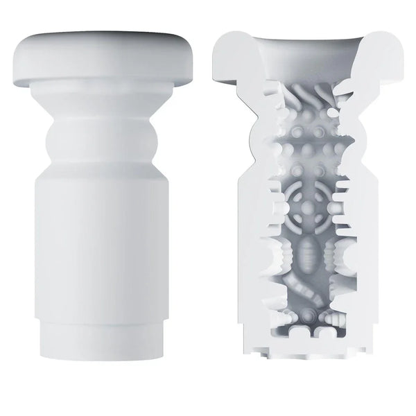 CyberSkin Titan replacement sleeve in white beside its cutaway showing the beaded canal
