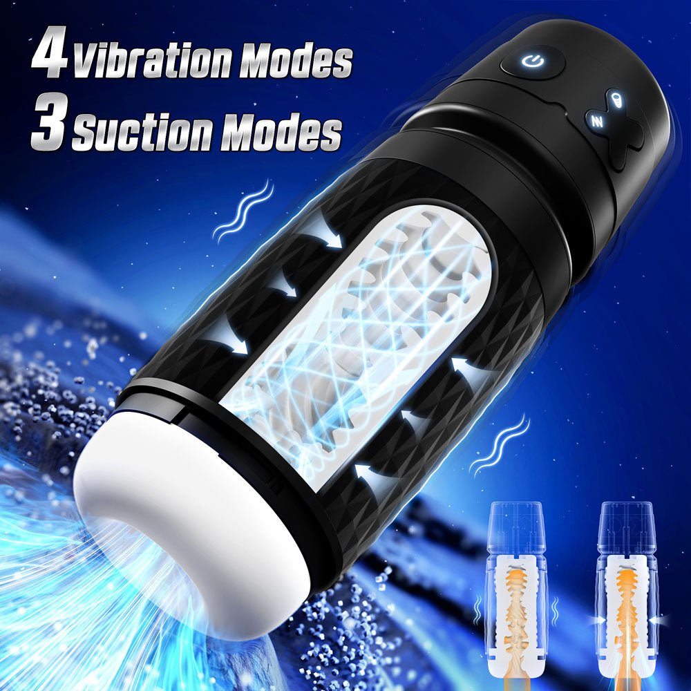 Buy CyberSkin The Warrior - Black USB Rechargeable Sucking & Vibrating Auto Masturbator – Naughtyhut NZ sex toys online. Discreet delivery & top brands.