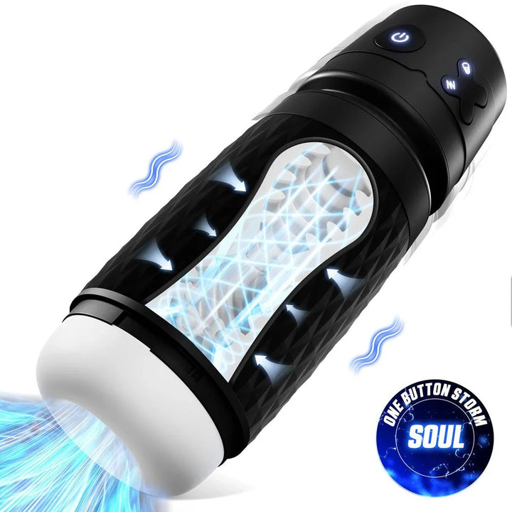 CyberSkin Warrior masturbator angled, mesh window showing the suction canal