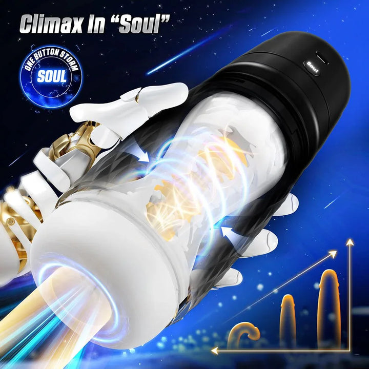 Warrior climax graphic, robotic hand gripping the clear sleeve